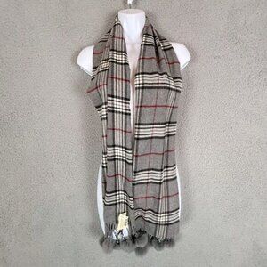 WOMENS SCARF GRAY WITH STRIPES RABBIT FUR BALL TASSELS